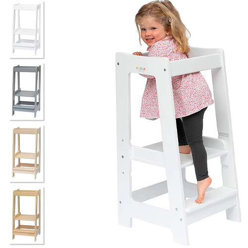 Torre de Aprendizaje Montessori para niños con altura ajustable y barra de seguridad (madera maciza) blanco blanco